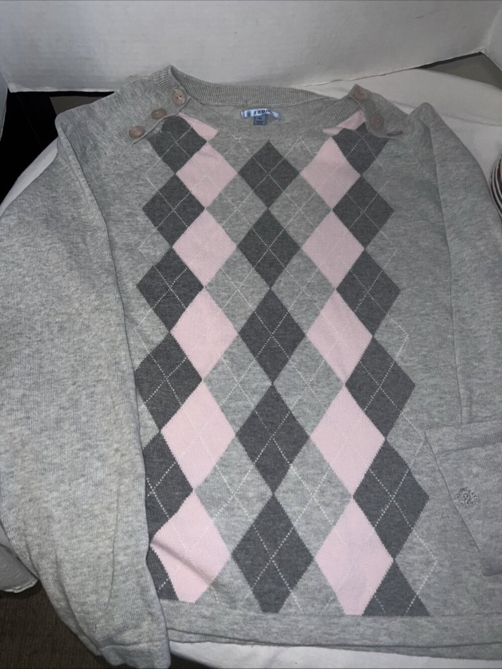 Izod Sweater Women XL Gray Argyle Button Shoulder Cotton Pullover Preppy Academ